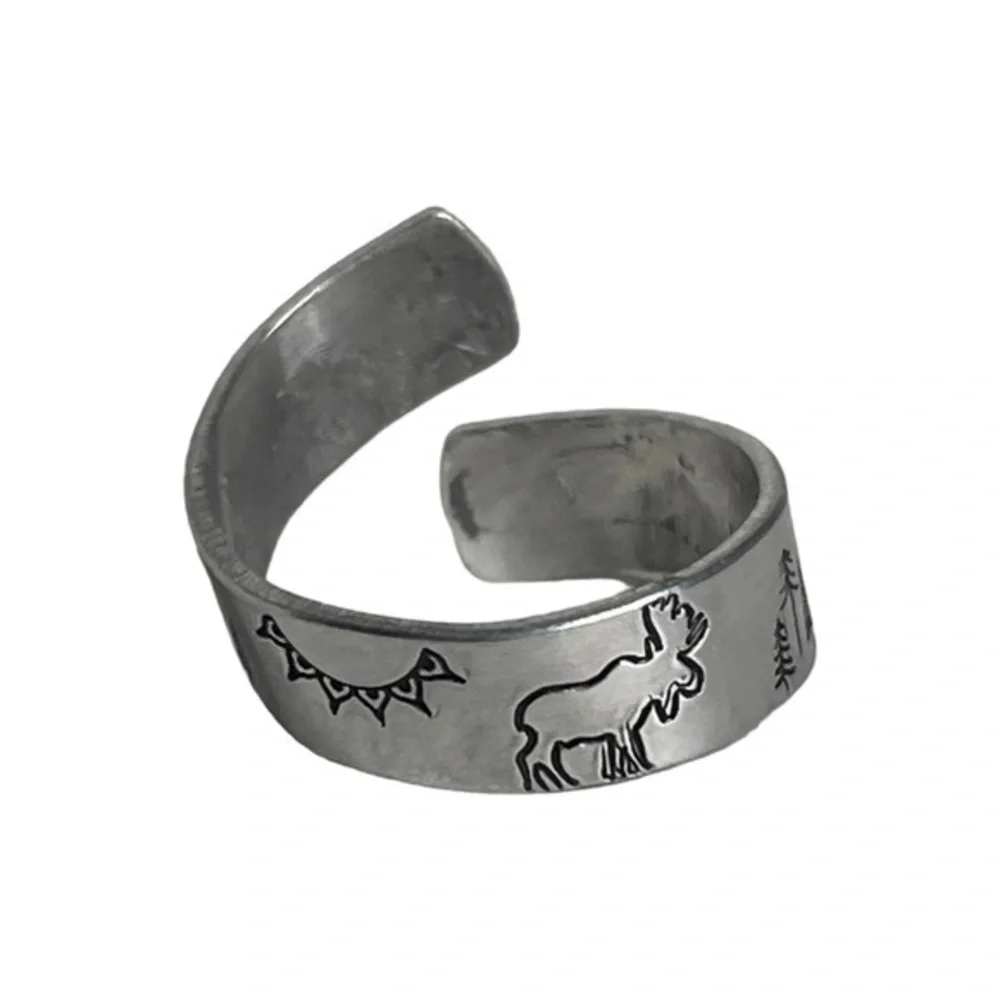 Handmade 8/9 stamped forest & moose silver‎ hypoallergenic adjustable wrap ring